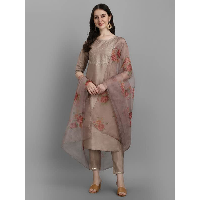 Vredevogel Women's Silk Blend Embroidered Straight Kurta Pant Set With Organza Dupatta (Beige_Xxx-Large)