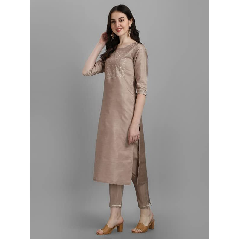 Vredevogel Women's Silk Blend Embroidered Straight Kurta Pant Set With Organza Dupatta (Beige_Xxx-Large)