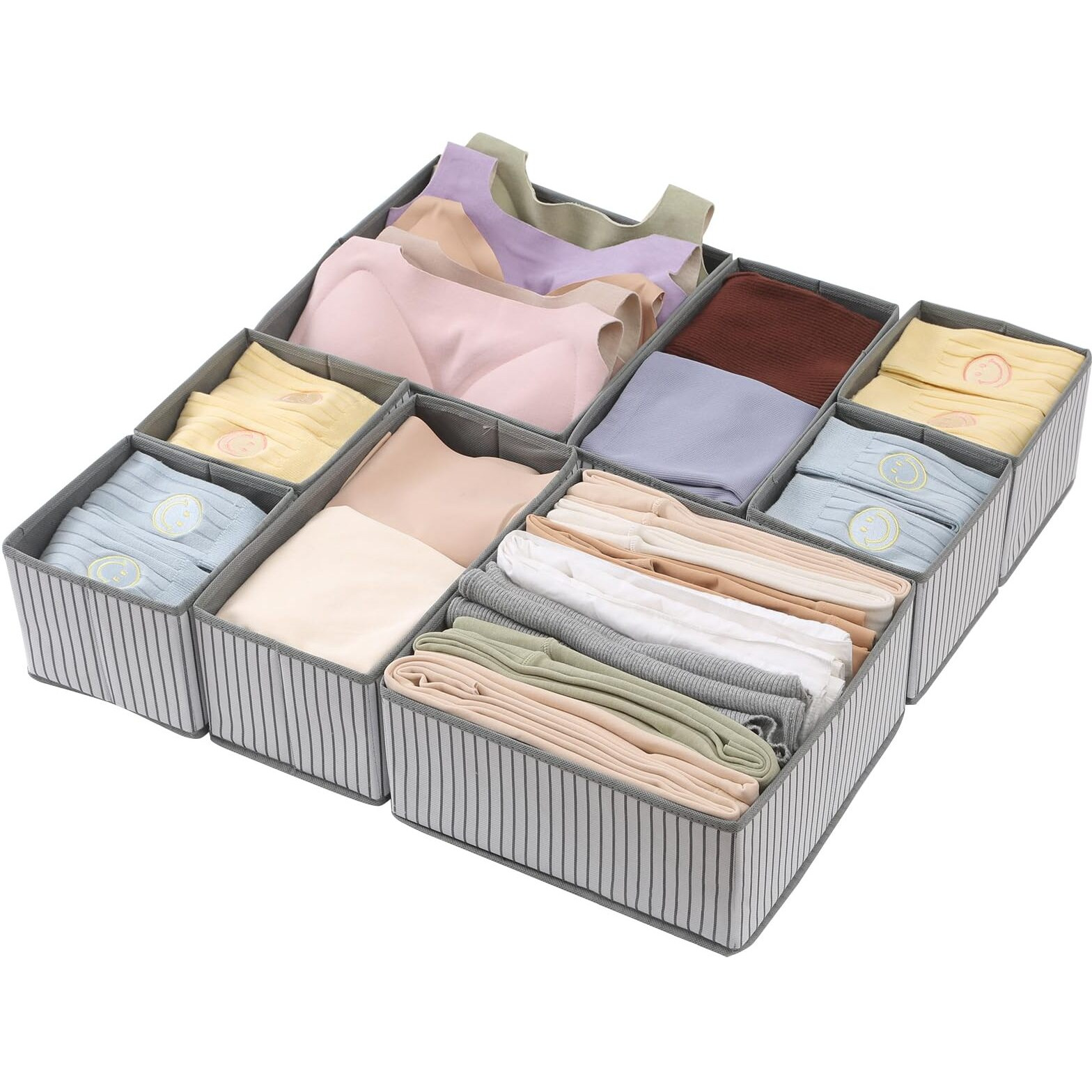 House Of Quirk Non-Woven Foldable Clothing Storage Box Closet Dresser Drawer Organizer Containers Divider With Drawers For Underwear,Bras,Socks,Ties,Scarves,Set Of 8(Grey Stripes)