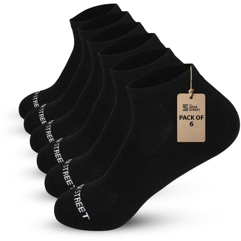 The Sock Street Sports Socks For Men Combo Ankle Length | Terry Cushioned Low Cut Premium Cotton Shocks | Super Soft, Breathable & Odor-Free | Ideal For Gym, Athletic & Running - Black