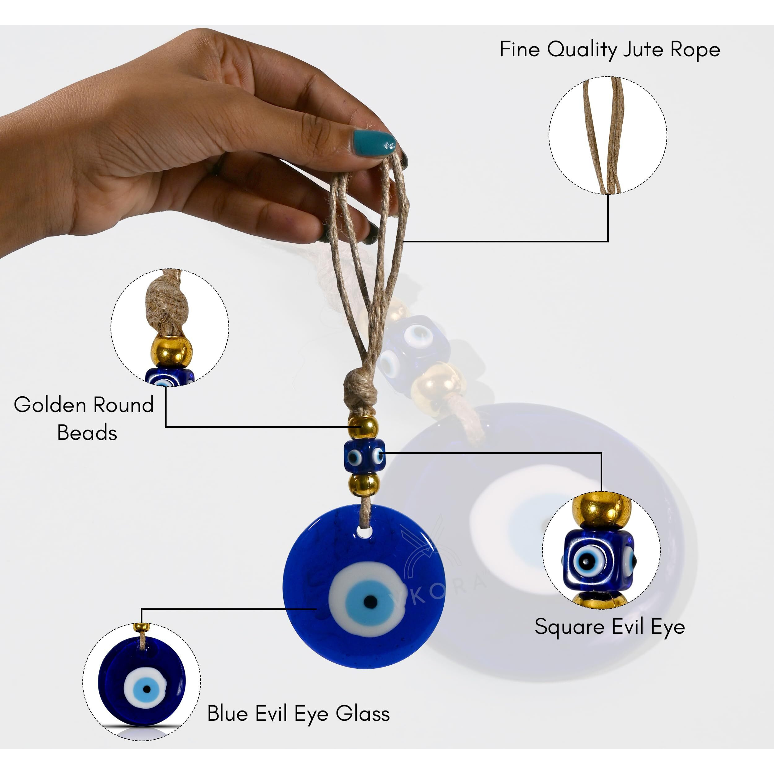 Vkora Handmade Turkish Evil Eye Hanging With Golden Color Beads For Home Shop Office 6 Cm Diameter