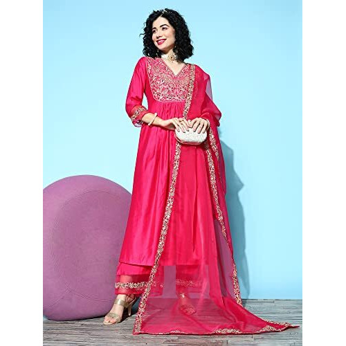 Indo Era Women's Silk Blend Floral Embroidered A-Line Kurta & Palazzo With Dupatta Set (21Eee4659L_Pink_L-Size)