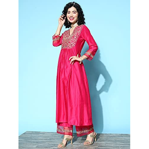 Indo Era Women's Silk Blend Floral Embroidered A-Line Kurta & Palazzo With Dupatta Set (21Eee4659L_Pink_L-Size)