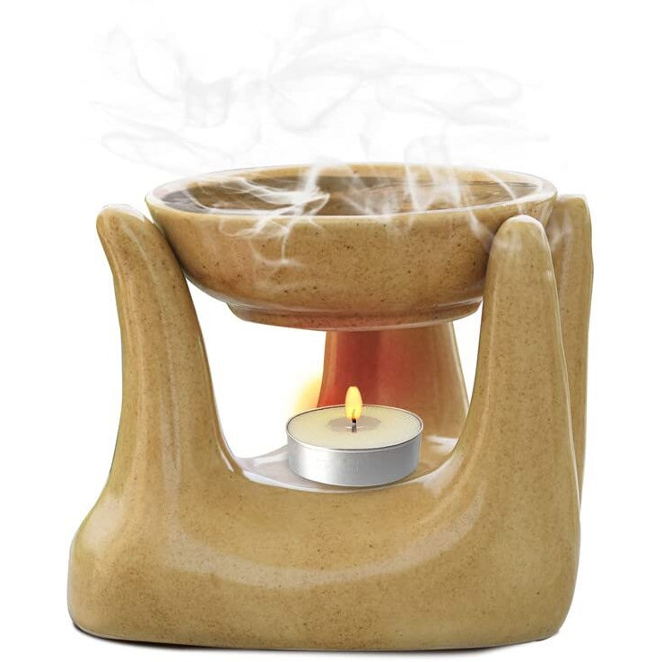 Pure Source India Ceramic Hand Type Oil Burner For Home, Office, With 1 Tea Light Candle, Made By Porcelain (Dotted Brown)