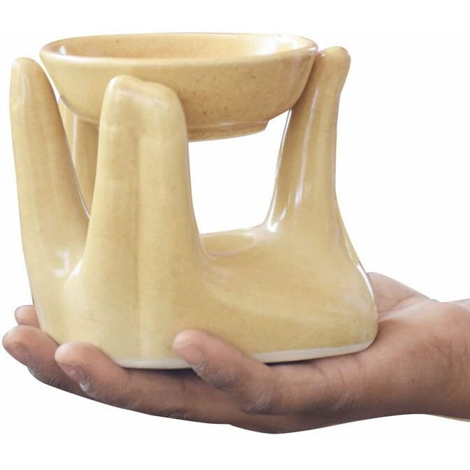 Pure Source India Ceramic Hand Type Oil Burner For Home, Office, With 1 Tea Light Candle, Made By Porcelain (Dotted Brown)