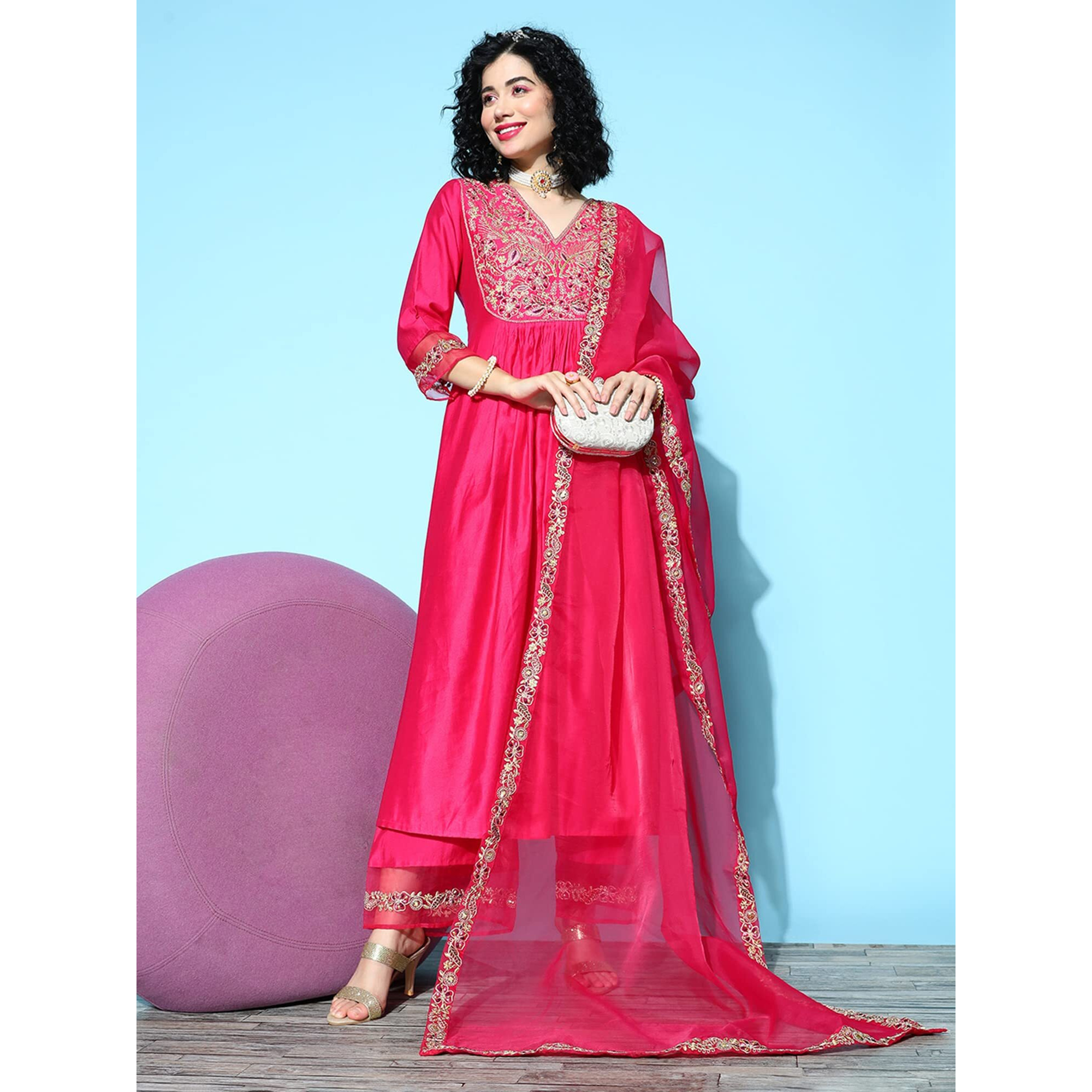 Indo Era Women's Silk Blend Floral Embroidered A-Line Kurta Palazzo With Dupatta Set (21Eee4659Xxl_Pink_2Xl-Size)