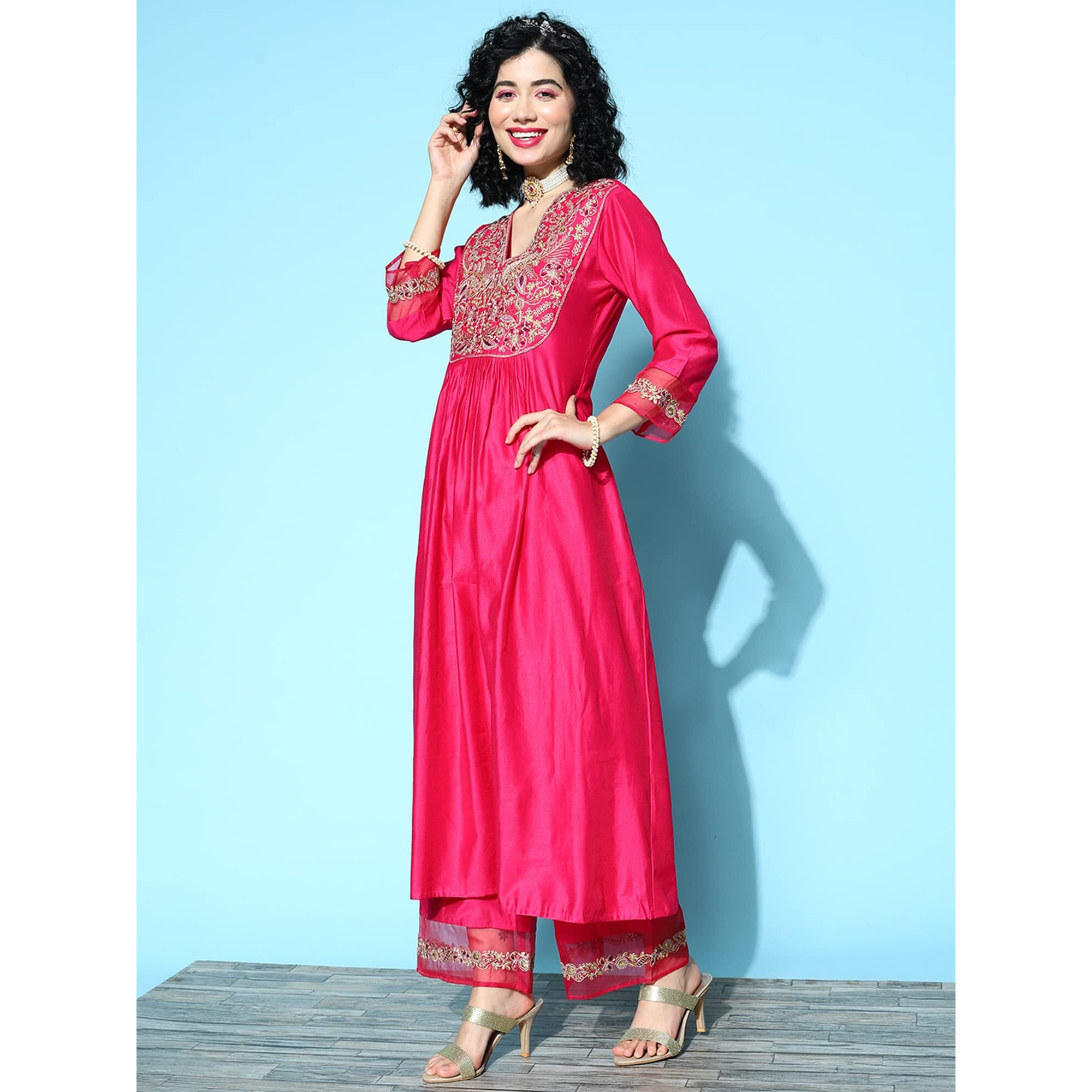 Indo Era Women's Silk Blend Floral Embroidered A-Line Kurta Palazzo With Dupatta Set (21Eee4659Xxl_Pink_2Xl-Size)