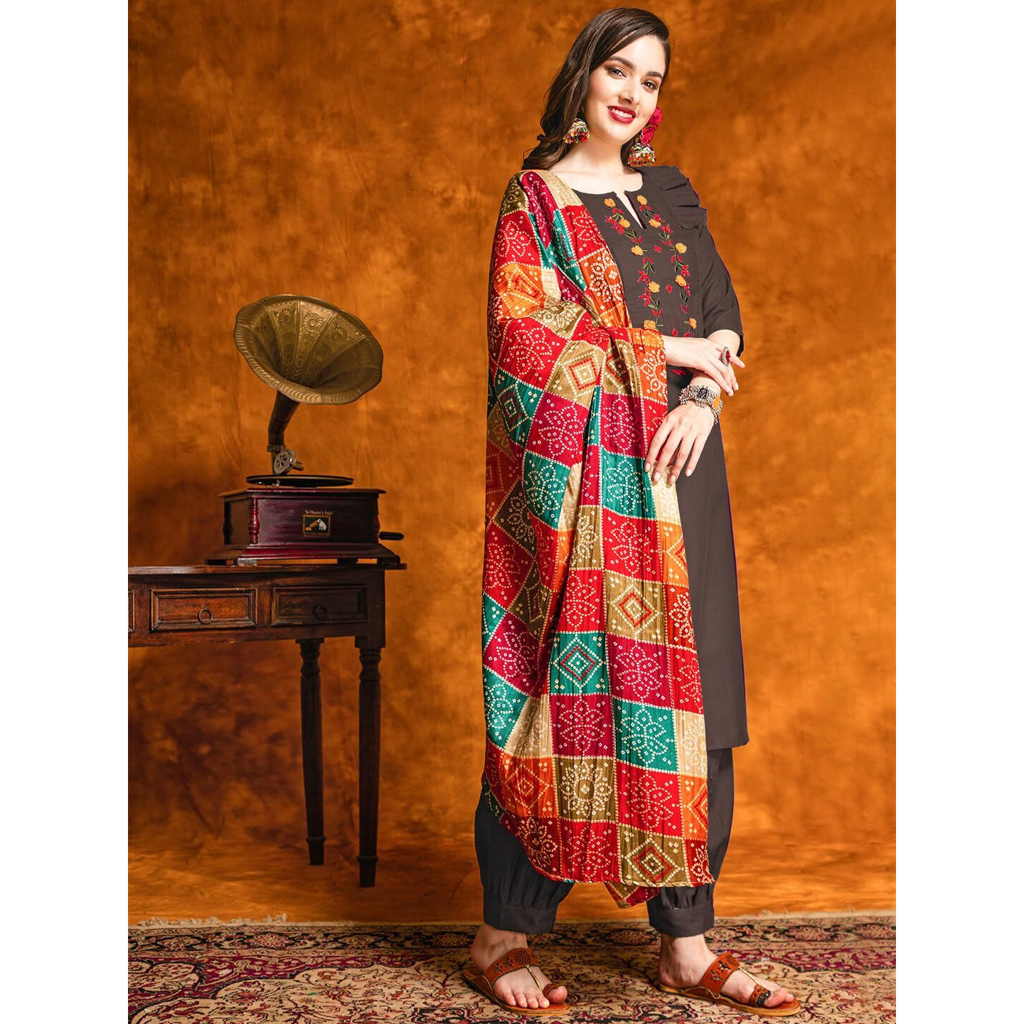 Ethnicjunction Women's Embroidered Mirror Work Cotton Straight Salwar Kurta Dupatta Set Brown