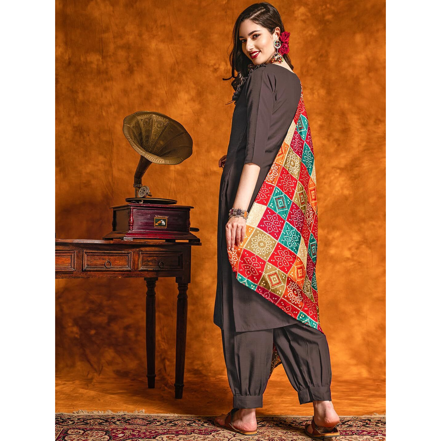 Ethnicjunction Women's Embroidered Mirror Work Cotton Straight Salwar Kurta Dupatta Set Brown