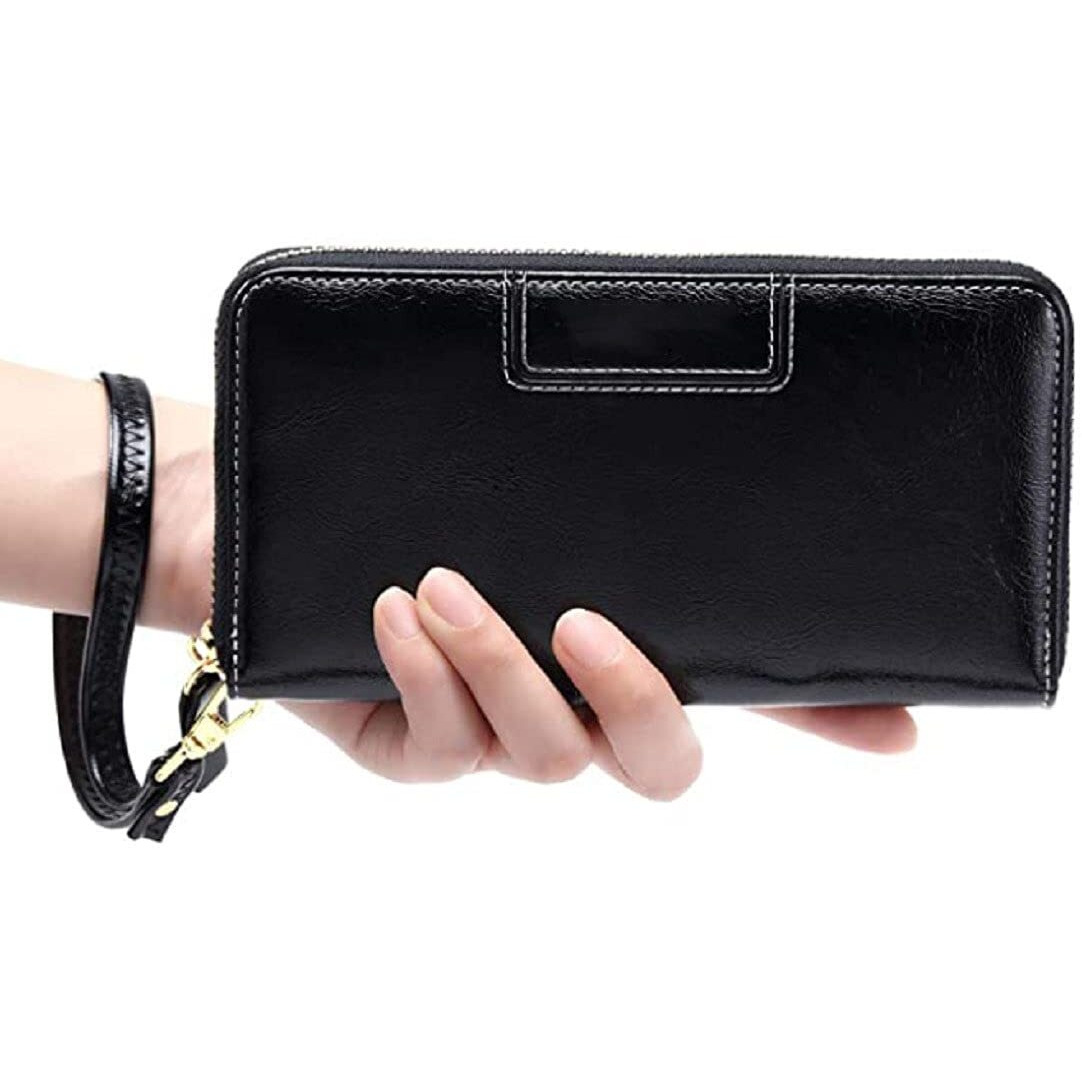 Contacts Wristlet Wallets For Women With Rfid Protection | Ladies Leather Clutch/Wallet | Large Capacity Zipper Purse/Card Holder Organizer For Women (Black)
