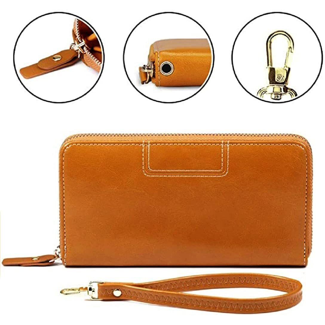 Contacts Wristlet Wallets For Women With Rfid Protect-Ion | Ladies Leather Clutch/Wallet | Large Capacity Zipper Purse/Card Holder Organizer For Women (Beige)