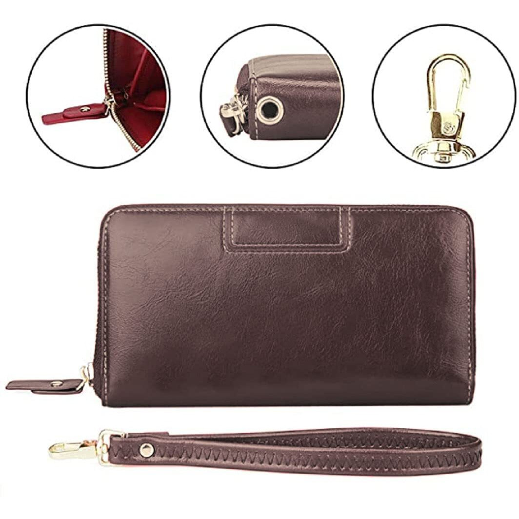 Contacts Wristlet Wallets For Women With Rfid Protection | Ladies Leather Clutch/Wallet | Large Capacity Zipper Purse/Card Holder Organizer For Women (Brown)