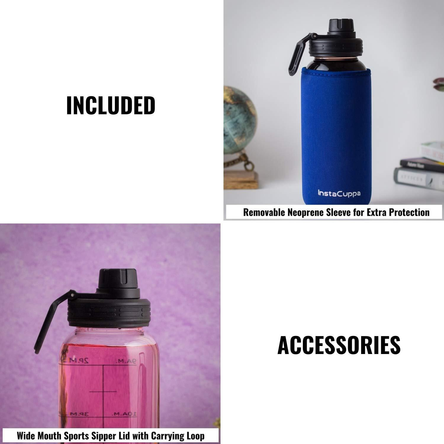 Instacuppa Borosilicate Glass Water Bottle 650 Ml With Innovative Time Markings, Bpa-Free, Wide Mouth Sports Sipper Lid With Carrying Loop, Removable Neoprene Silicone Sleeve, Blue