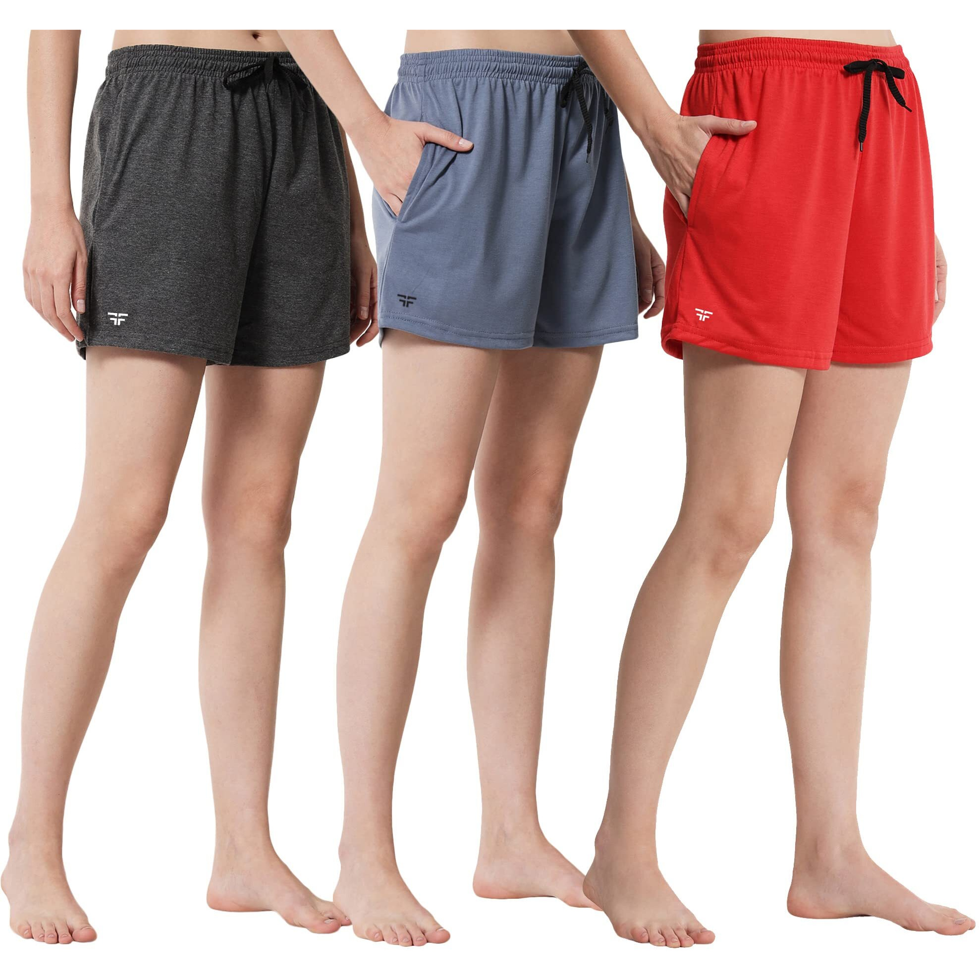 Fflirtygo Women's Shorts | Shorts For Women Short Pant For Women | Bluish Grey, Charcol Grey & Red Shorts | Women Shorts Night Wear | Sports Shorts For Woman Combo (Pack Of 3)