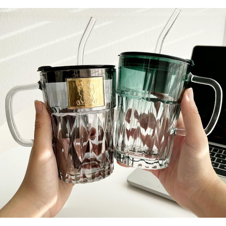 Kikiluxxa Glass Travel Tea And Coffee Fruit Juice Milk Sipper Tumbler Mug With Straw And Lid -Pack Of 2-400Ml [ Multiclour Items ] (Corian Ht 2)