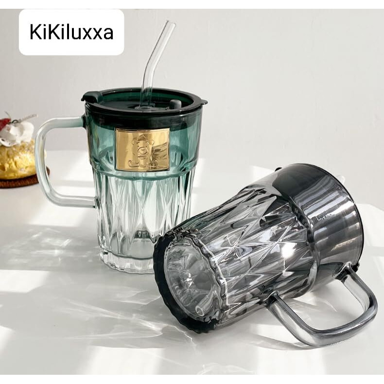 Kikiluxxa Glass Travel Tea And Coffee Fruit Juice Milk Sipper Tumbler Mug With Straw And Lid -Pack Of 2-400Ml [ Multiclour Items ] (Corian Ht 2)