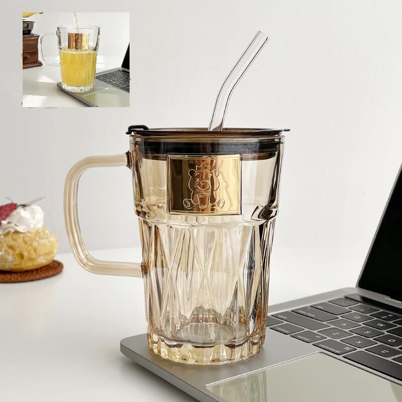 Kikiluxxa Glass Travel Tea And Coffee Fruit Juice Milk Sipper Tumbler Mug With Straw And Lid -Pack Of 2-400Ml [ Multiclour Items ] (Corian Ht 2)