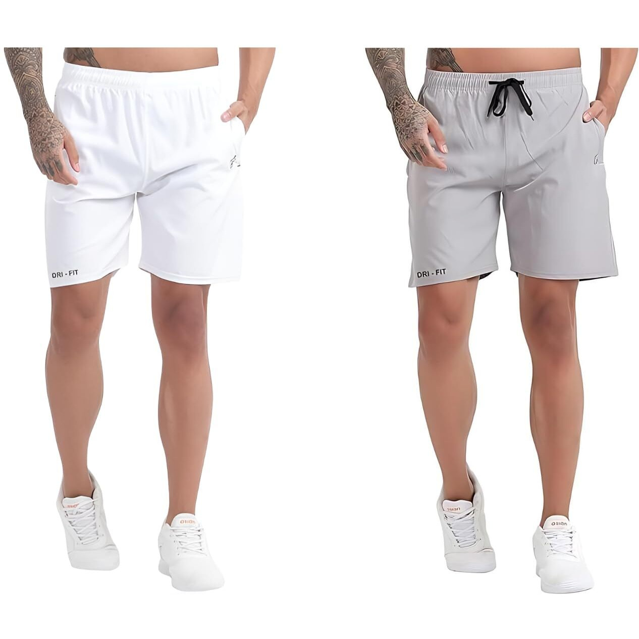Blue Star Shark Athletic Sports Shorts For Men With Zip Pockets And Elastic Waistband Quick Dry Lightweight Activewear Combo - Pack Of 2 (Color White And Grey, SizeXl)