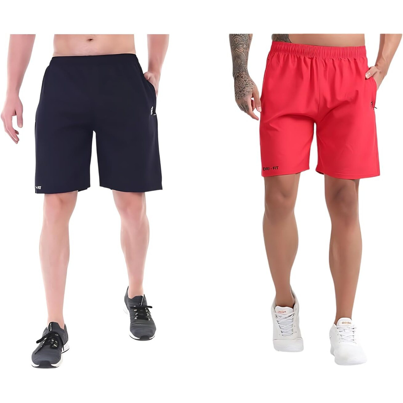 Blue Star Shark Athletic Sports Shorts For Men With Zip Pockets And Elastic Waistband Quick Dry Lightweight Activewear Combo - Pack Of 2 (Color Blue And Red, SizeXl)