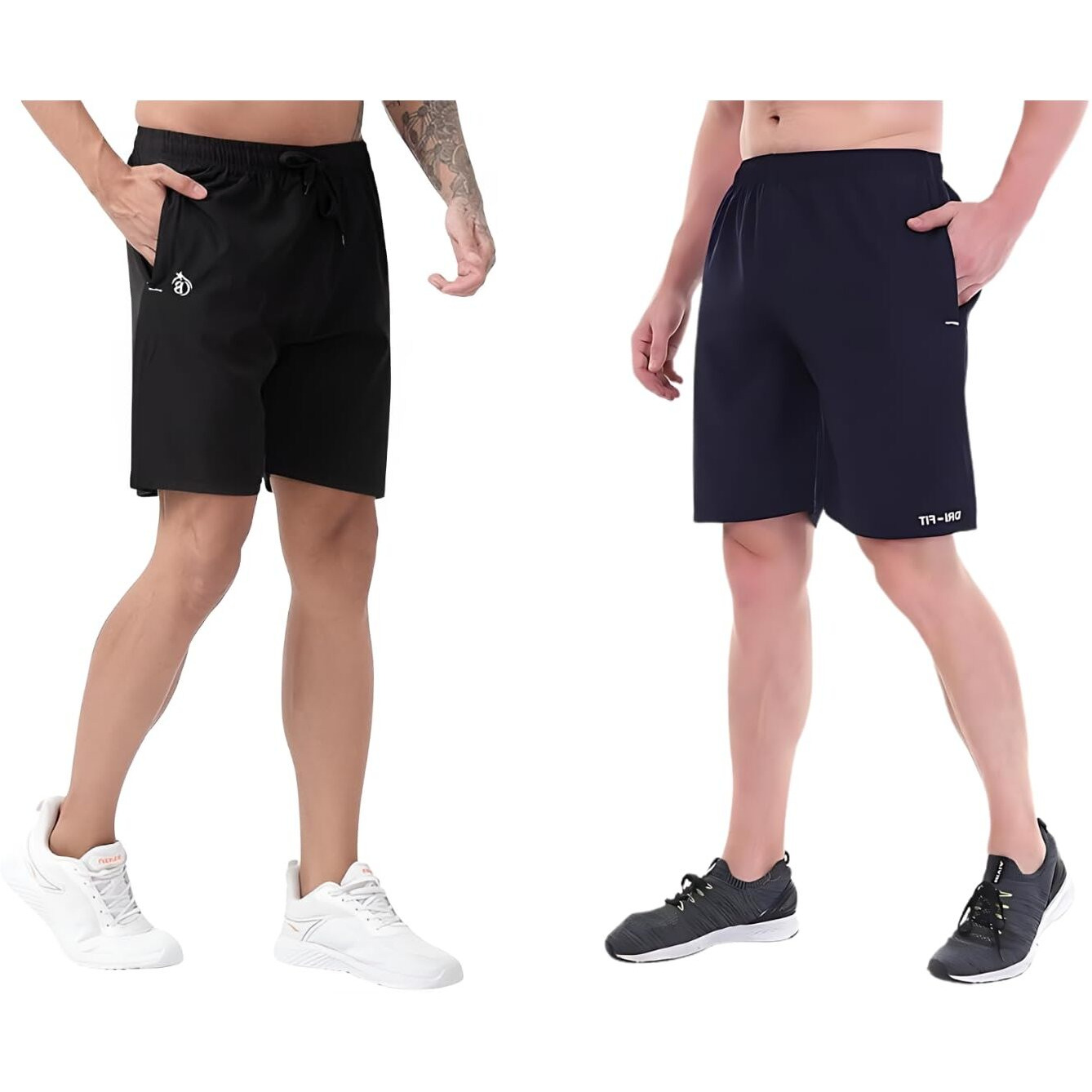 Blue Star Shark Athletic Sports Shorts For Men With Zip Pockets And Elastic Waistband Quick Dry Lightweight Activewear Combo - Pack Of 2 (Color Black And Blue, SizeL)