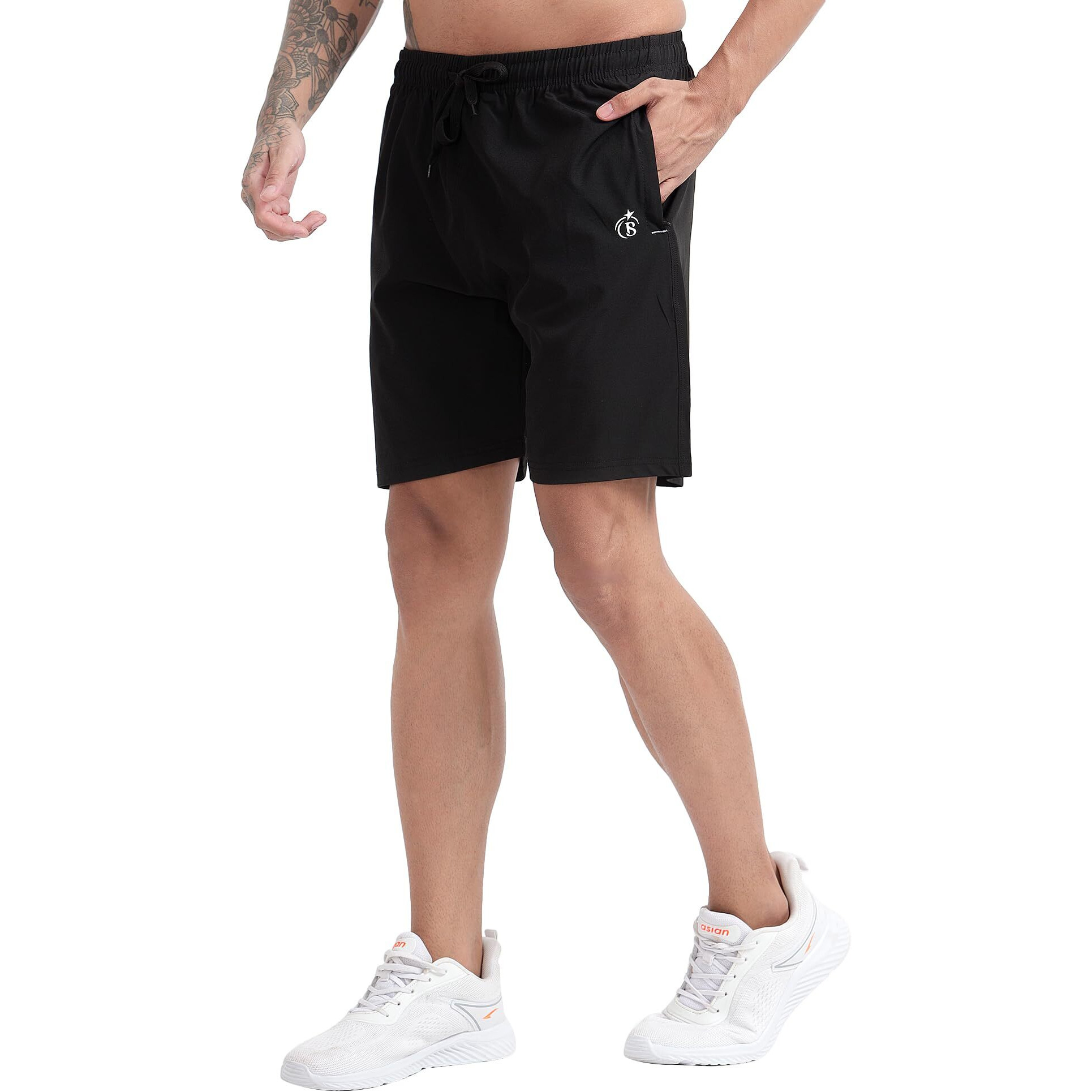 Blue Star Shark Athletic Sports Shorts For Men With Zip Pockets And Elastic Waistband Quick Dry Lightweight Activewear Combo - Pack Of 2 (Color Black And Blue, SizeL)