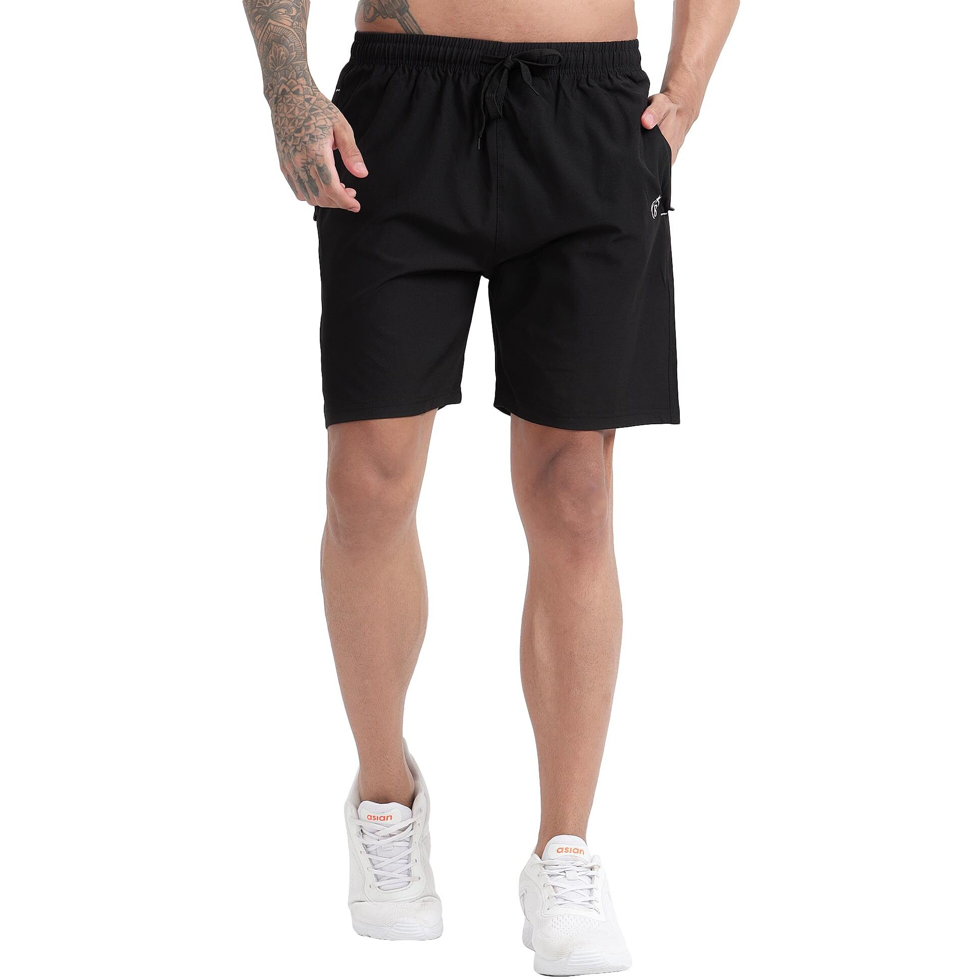 Blue Star Shark Athletic Sports Shorts For Men With Zip Pockets And Elastic Waistband Quick Dry Lightweight Activewear Combo - Pack Of 2 (Color Black And Blue, SizeL)