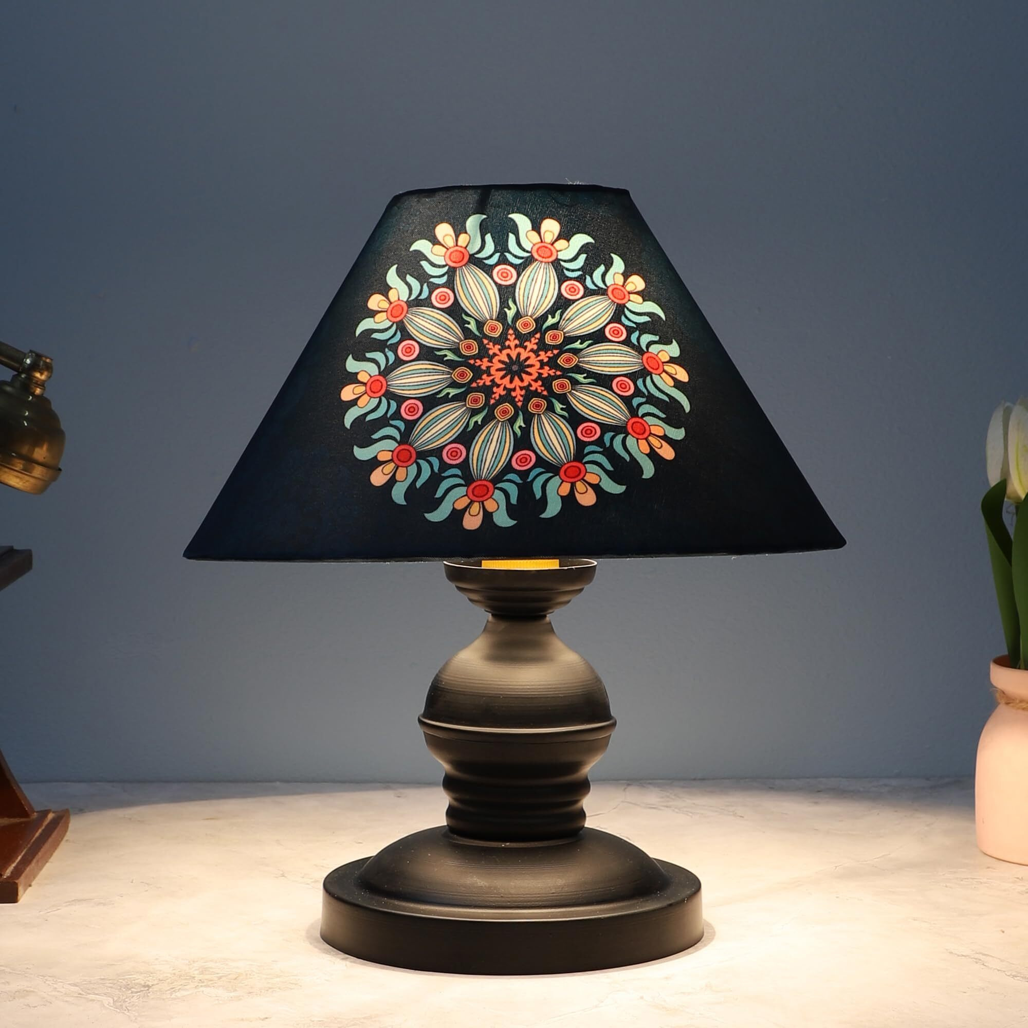 Tu Casa Urban Radiance Black Metal Table Lamp For Home Decoration, Bedroom, Living Room, Lounge, Office, Festival Gifting, Study Table (French Floral Print With Satin Shade) H - 10" / No Blub