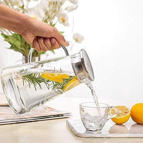 Tiener Borosilicate Glass 1.8 Ltr Water Jug With Handle, Juice Beverage Carafe With Stainless Steel Lid, Big Glass Iced Tea Pitcher, 1 Pcs Set (Borosilicate 1.8 Liter Stright)
