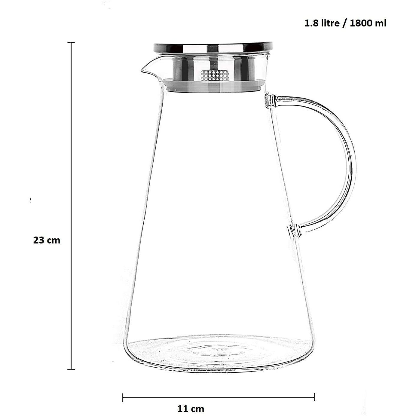 Tiener Borosilicate Glass 1.8 Ltr Water Jug With Handle, Juice Beverage Carafe With Stainless Steel Lid, Big Glass Iced Tea Pitcher, 1 Pcs Set (Borosilicate 1.8 Liter Stright)
