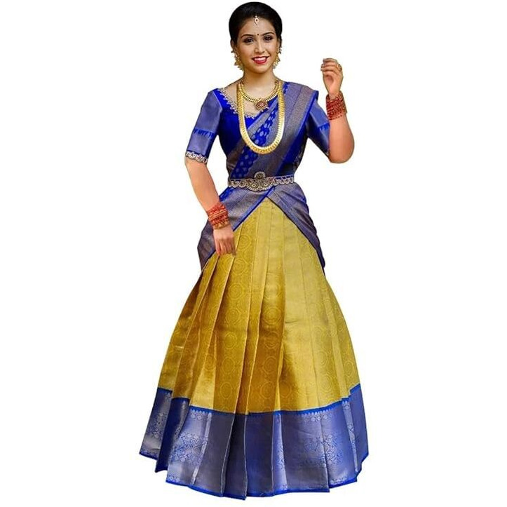 Zerico Women's Indian Traditional Kanjivaram Kanchipuram Silk Pure Zari Weaving Lehenga Choli And Havay Zari Work Dupatta With Blouse (All Unstitched) (Half Saree) (Yellow)