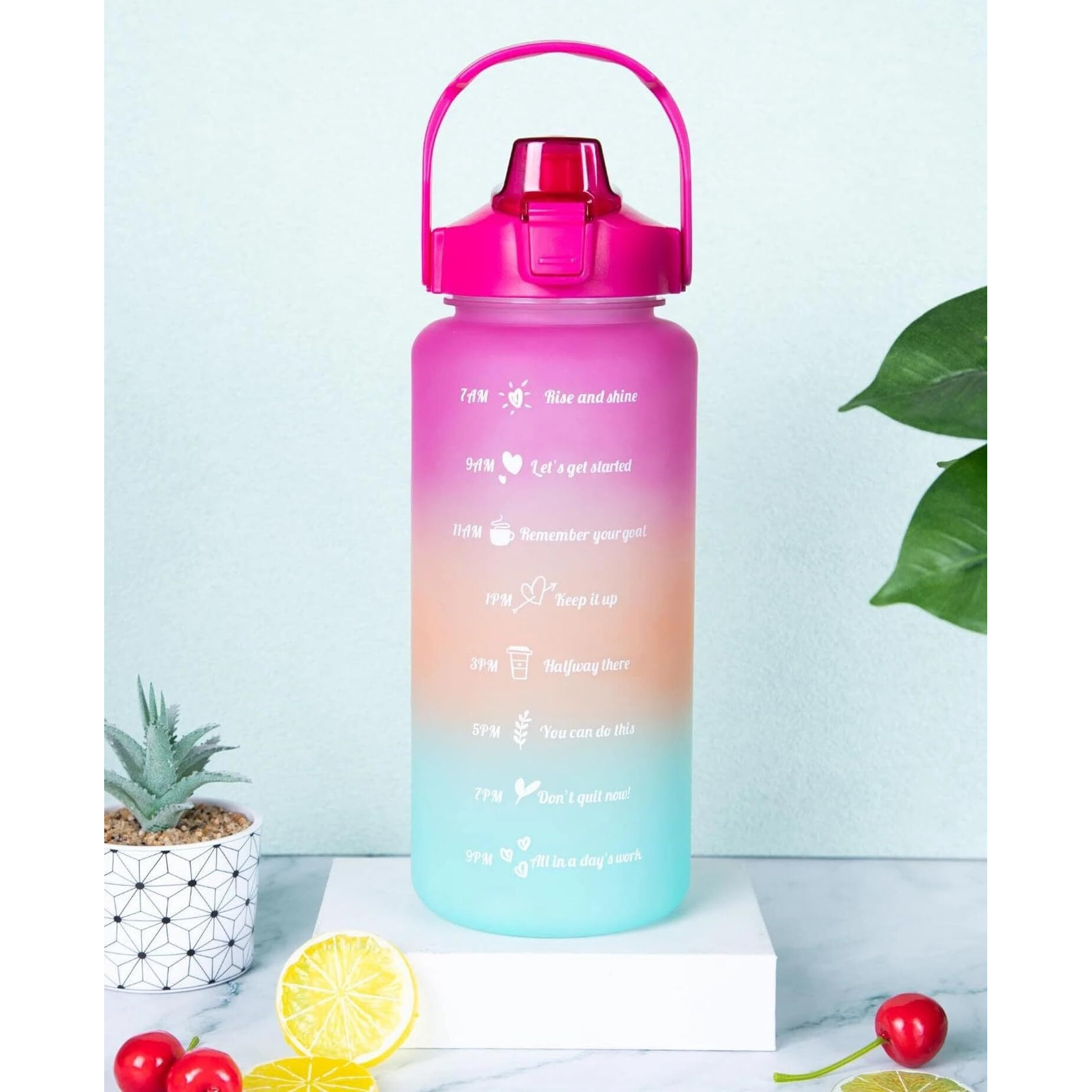 House Of Quirk 2 Litre 3D Sticker Water Bottle With Straw,Unbreakable Sports Water Bottles With Handle,Leak Proof Drinks Bottle Bpa Free For Gym Fitness Outdoor Sports - Magenta/Orange/Green - Plastic