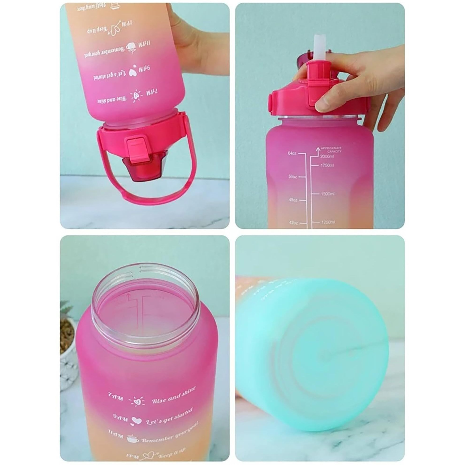 House Of Quirk 2 Litre 3D Sticker Water Bottle With Straw,Unbreakable Sports Water Bottles With Handle,Leak Proof Drinks Bottle Bpa Free For Gym Fitness Outdoor Sports - Magenta/Orange/Green - Plastic