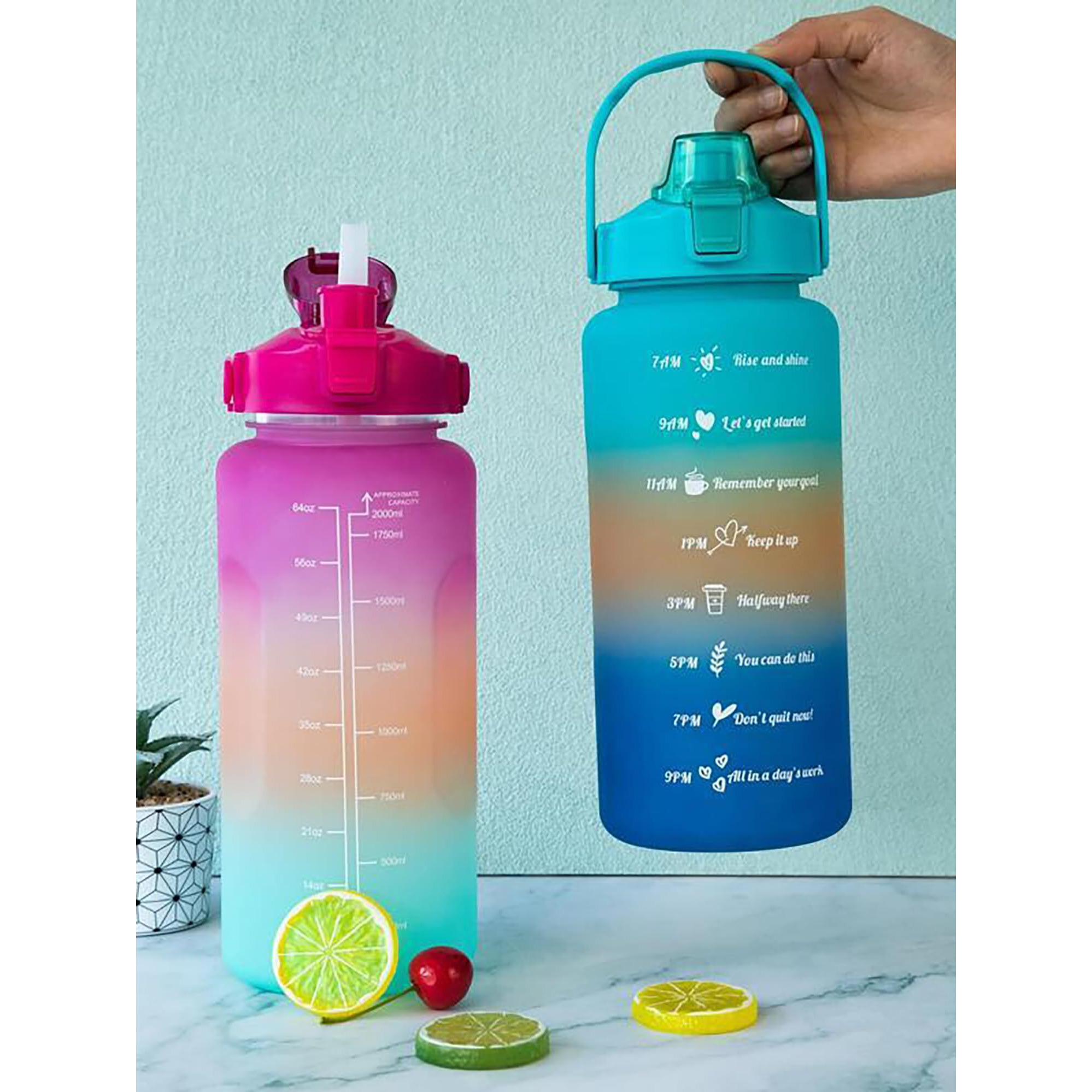 House Of Quirk 2 Litre 3D Sticker Water Bottle With Straw,Unbreakable Sports Water Bottles With Handle,Leak Proof Drinks Bottle Bpa Free For Gym Fitness Outdoor Sports - Magenta/Orange/Green - Plastic