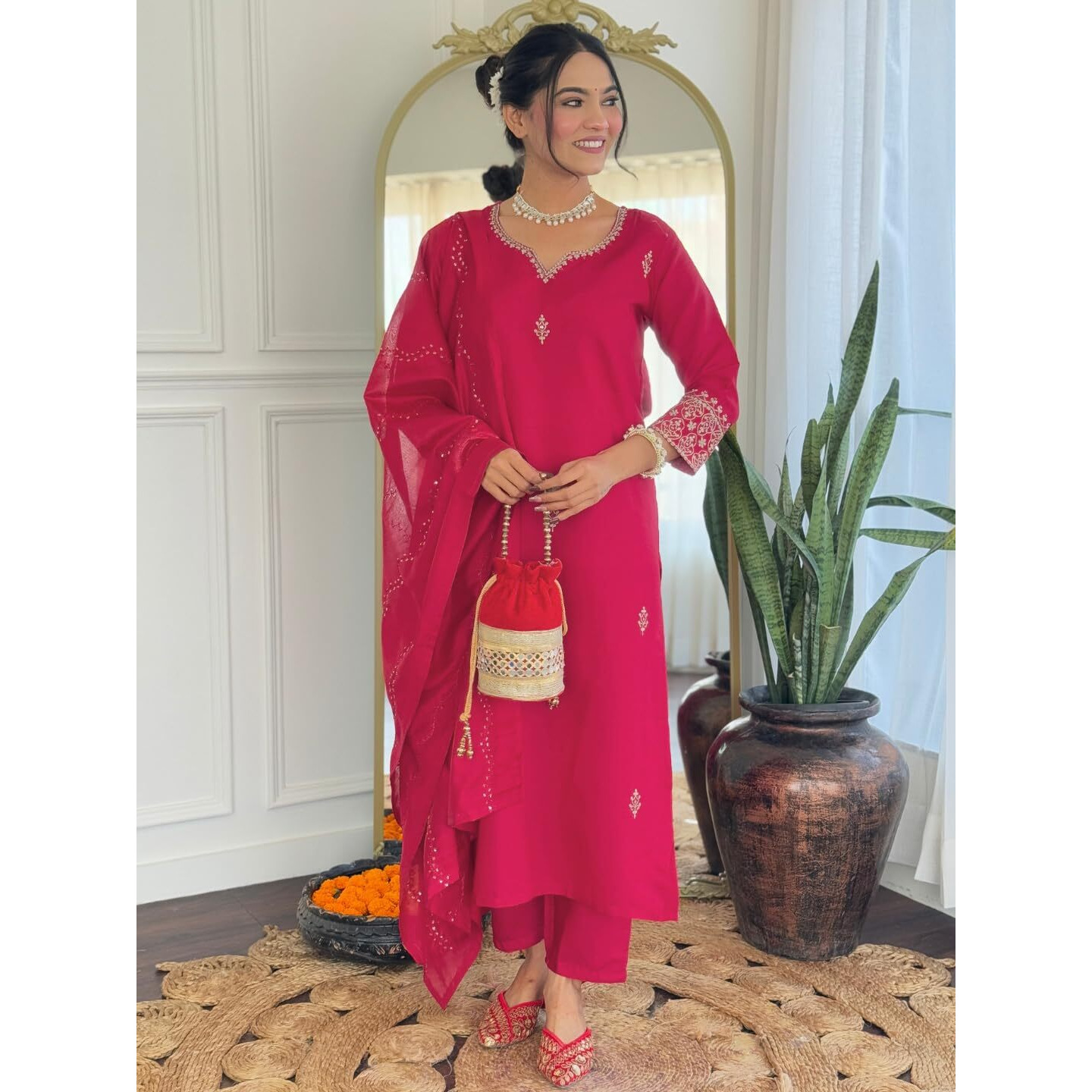 Naixa Women's Gajri Chanderi Silk Embroidered Straight Kurta With Chanderi Silk Pant And Chanderi Silk Laced Dupatta Sets (Nk-426-Gajri-Xs)