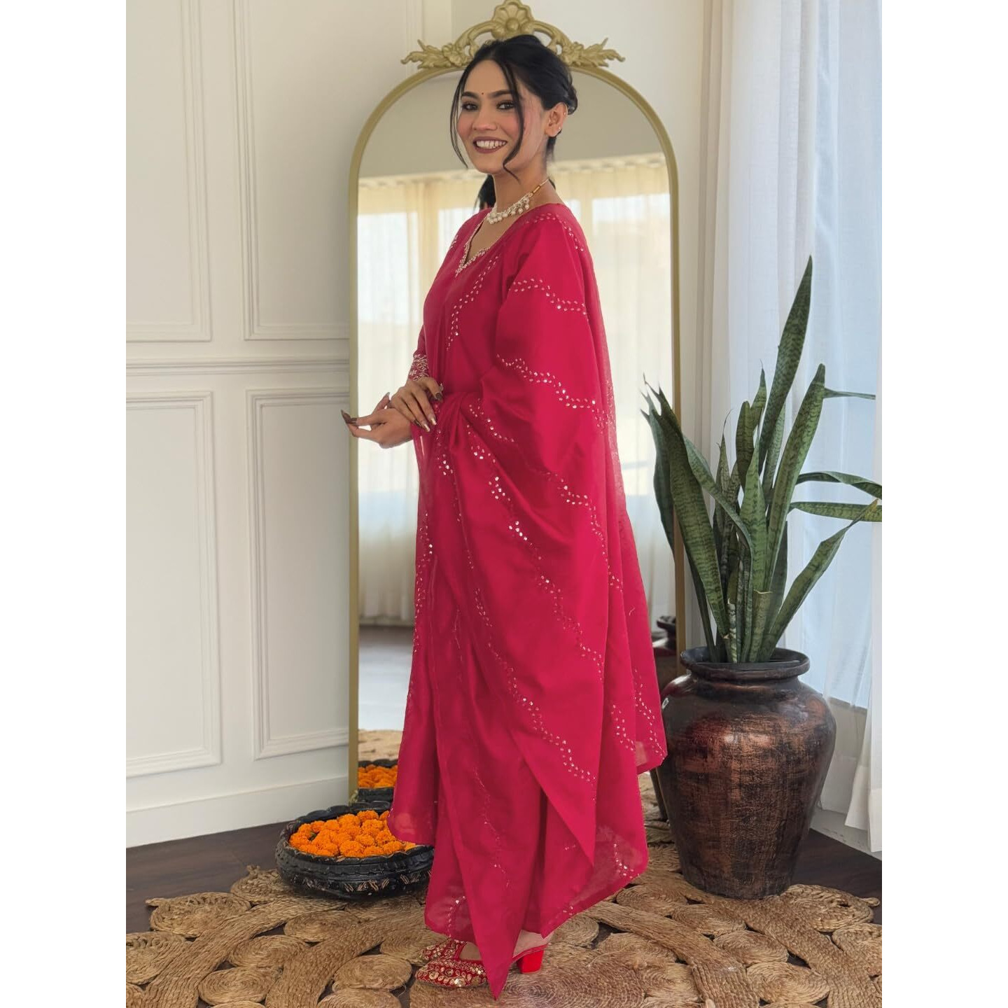 Naixa Women's Gajri Chanderi Silk Embroidered Straight Kurta With Chanderi Silk Pant And Chanderi Silk Laced Dupatta Sets (Nk-426-Gajri-Xs)