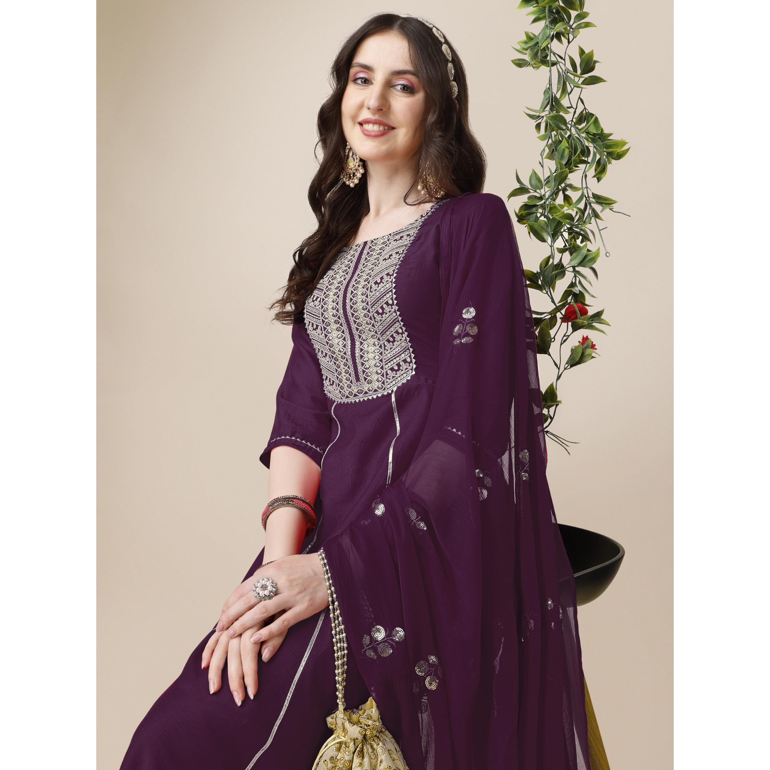 Ethnicjunction Women's Cotton Silk Eid Special Embroidered Kurta Palazzo And Dupatta Set | Eid Outfits For Women Wine