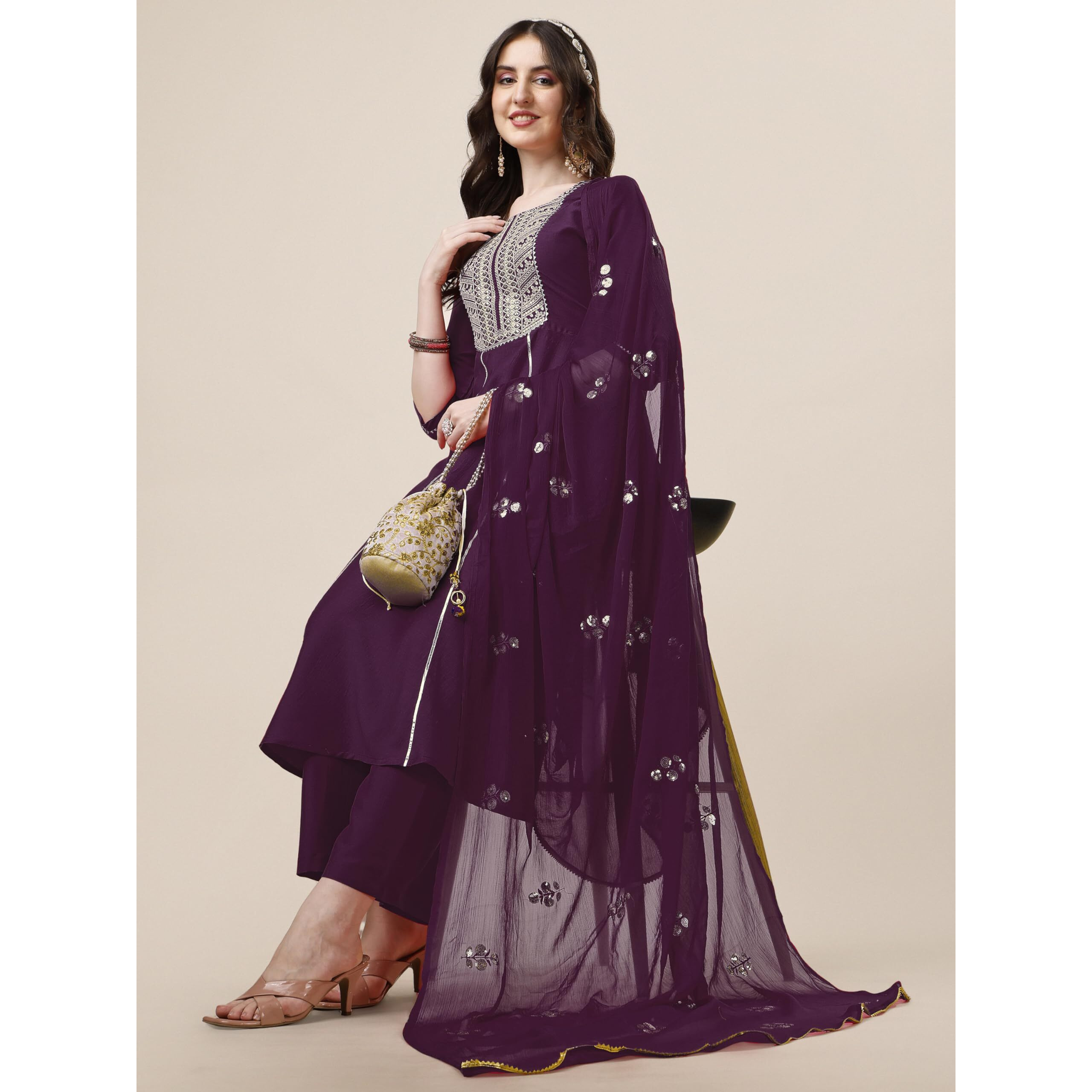 Ethnicjunction Women's Cotton Silk Eid Special Embroidered Kurta Palazzo And Dupatta Set | Eid Outfits For Women Wine