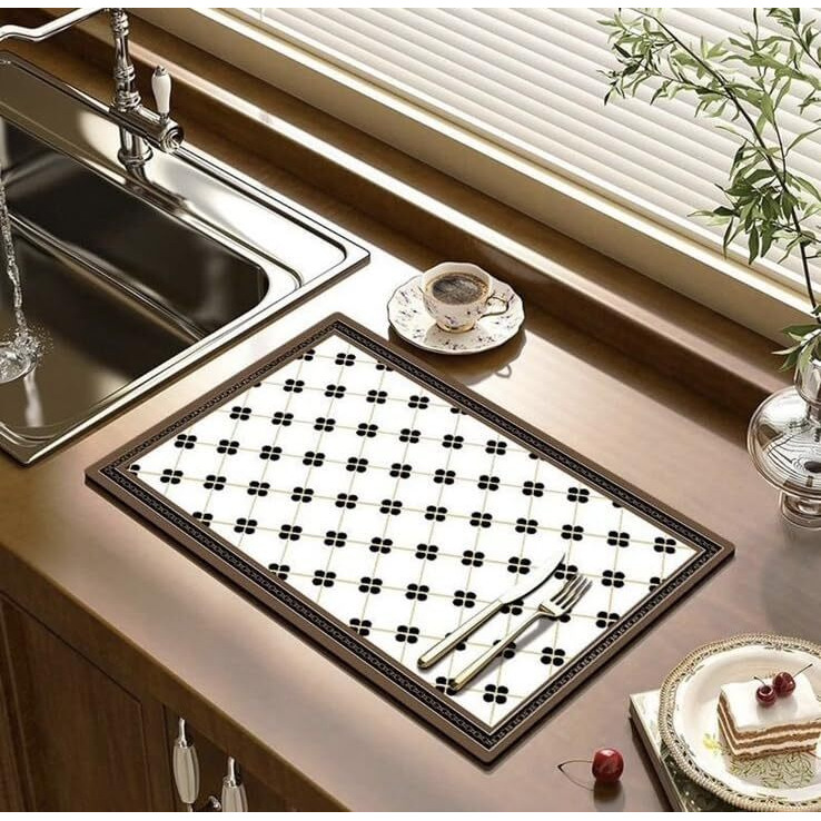 Homecloud Dish Drying Mat For Kitchen Counter Hide Stain Super Absorbent, Non-Slip, Heat-Resistant, Great For Dishes,Rack Pad, Kitchen Counter, Coffee Maker (40X50Cm, White_Balck_Flower)