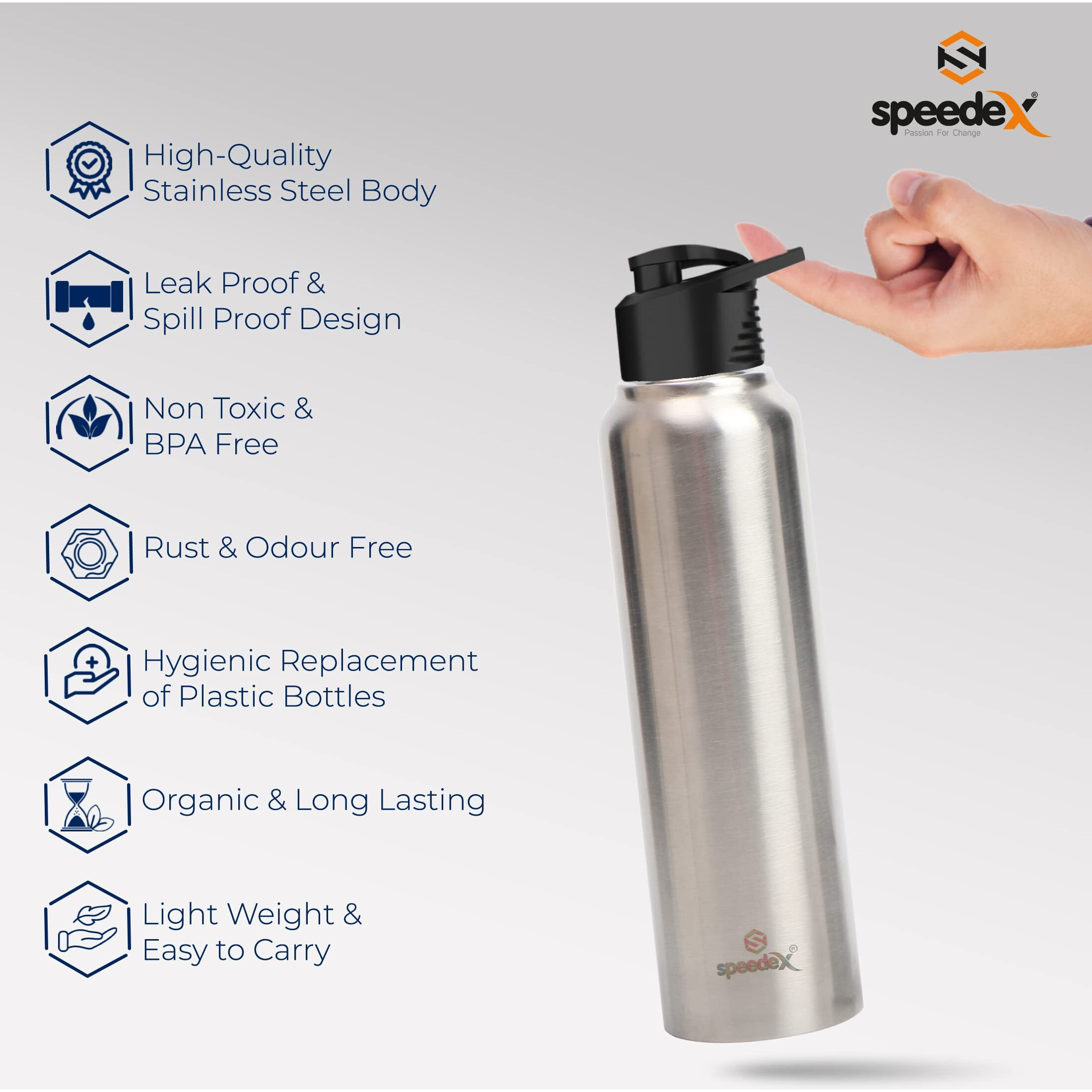 Speedex Stainless Steel Water Bottle 1 Ltr For Kids, Boys, Girls, 1 Litre Bottles For Gym, Sports, Fridge Use, School & Office - 1000Ml, Silver Colour, Set Of 3, Sipper Cap