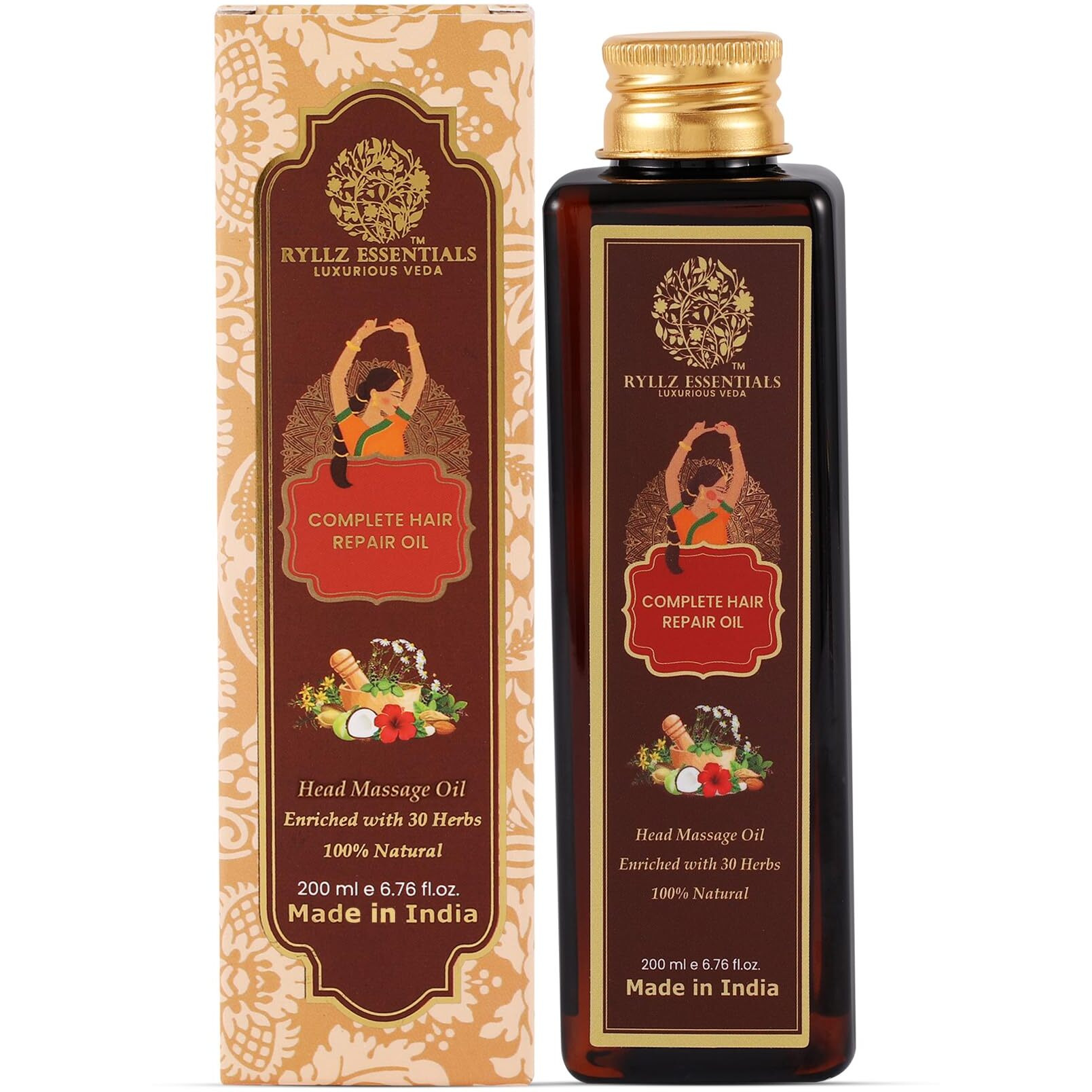 Ryllz Essentials Complete Hair Repair Oil | With Rosemary, Bhingraj, Argan & Other 30 Precious Ayurvedic Herbs | Promotes Hair Growth, Reduces Hair Fall, Reduces Dandruff, Relieves Headache & Strengthens Hair Roots | 200 Ml