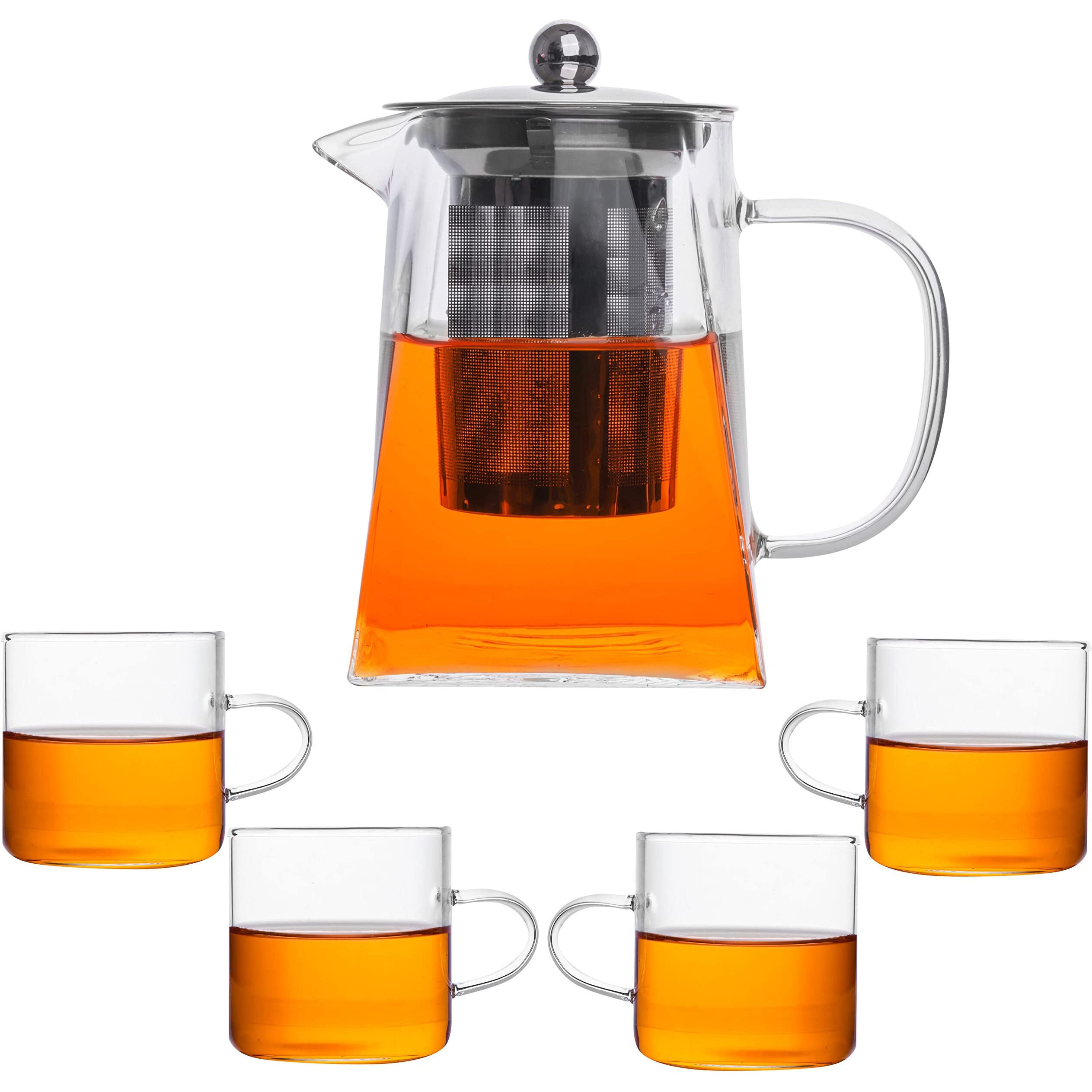Ankul Borosilicate Square Glass Tea Pot With Heat Resistant Stainless Steel Infuser Perfect For Tea And Coffee Maker, Clear Glass Kettle With 4 Cups(550 Ml, Square With Cup)