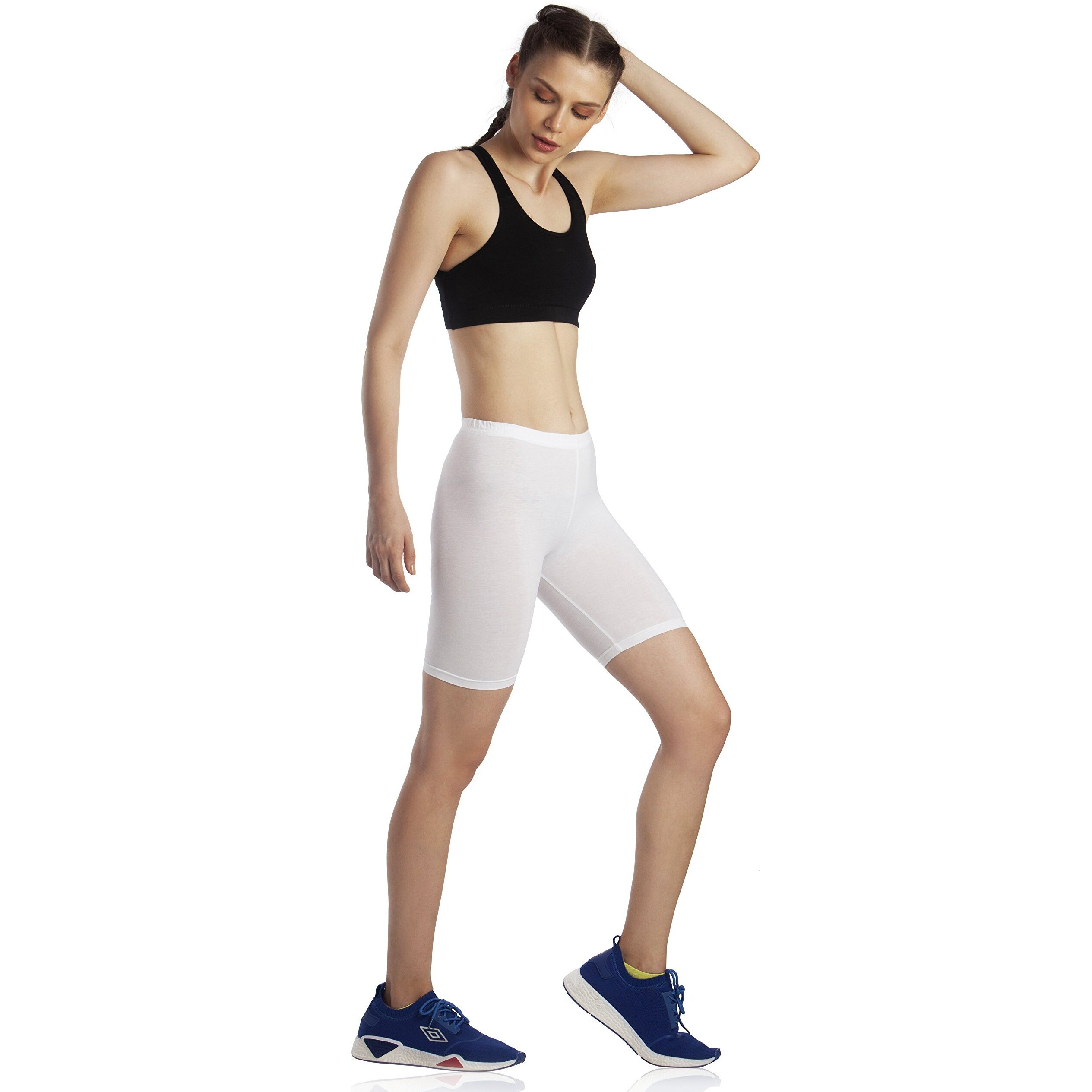 Lavos Women Tights Sports Cycling Shorts, Bamboo Cotton Activewear Yoga Gym Workout Anti-Bacterial, Elastic Mid Waist Under Dress Shorties For Women (White-3Xl)