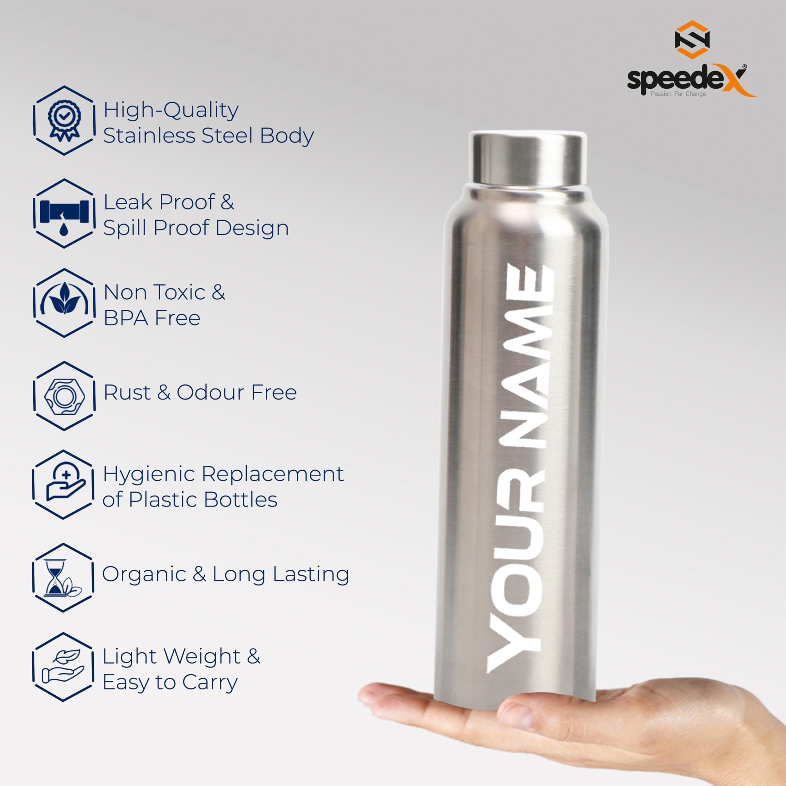 Speedex Stainless Steel Water Bottle 1 Ltr For Kids, Boys, Girls, 1 Litre Bottles For Gym, Sports, Fridge Use, School & Office - 1000Ml, Silver Colour, Steel Cap