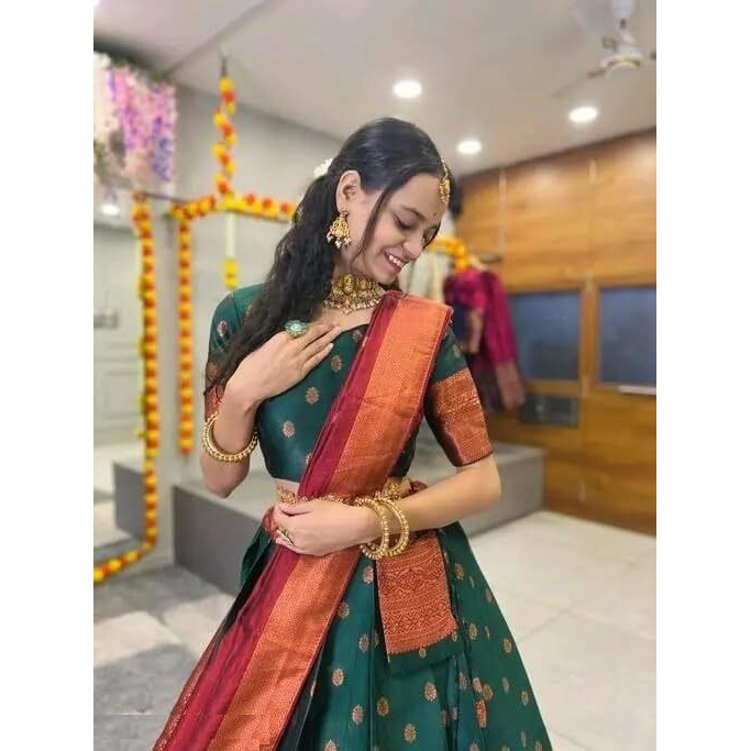 Zerico Women's Indian Traditional Kanjivaram Kanchipuram Silk Pure Zari Weaving Lehenga Choli And Havay Zari Work Dupatta With Blouse (All Unstitched) (Half Saree) (Grn)
