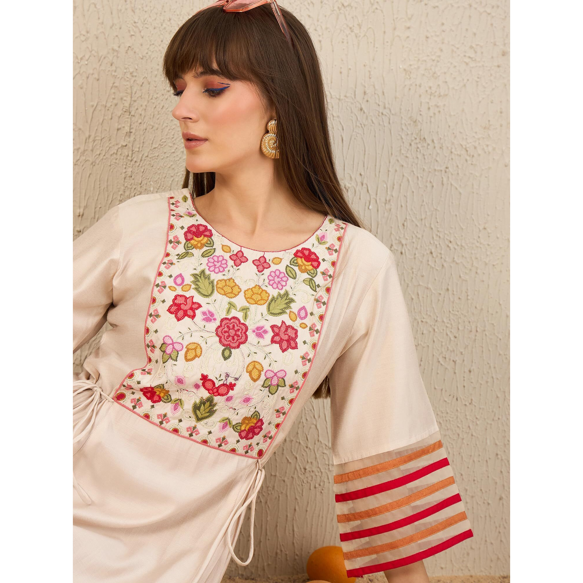 Indo Era Women's Off White Embroidered Viscose A-Line Kurta & Pant Set (Iestr9519_Medium)