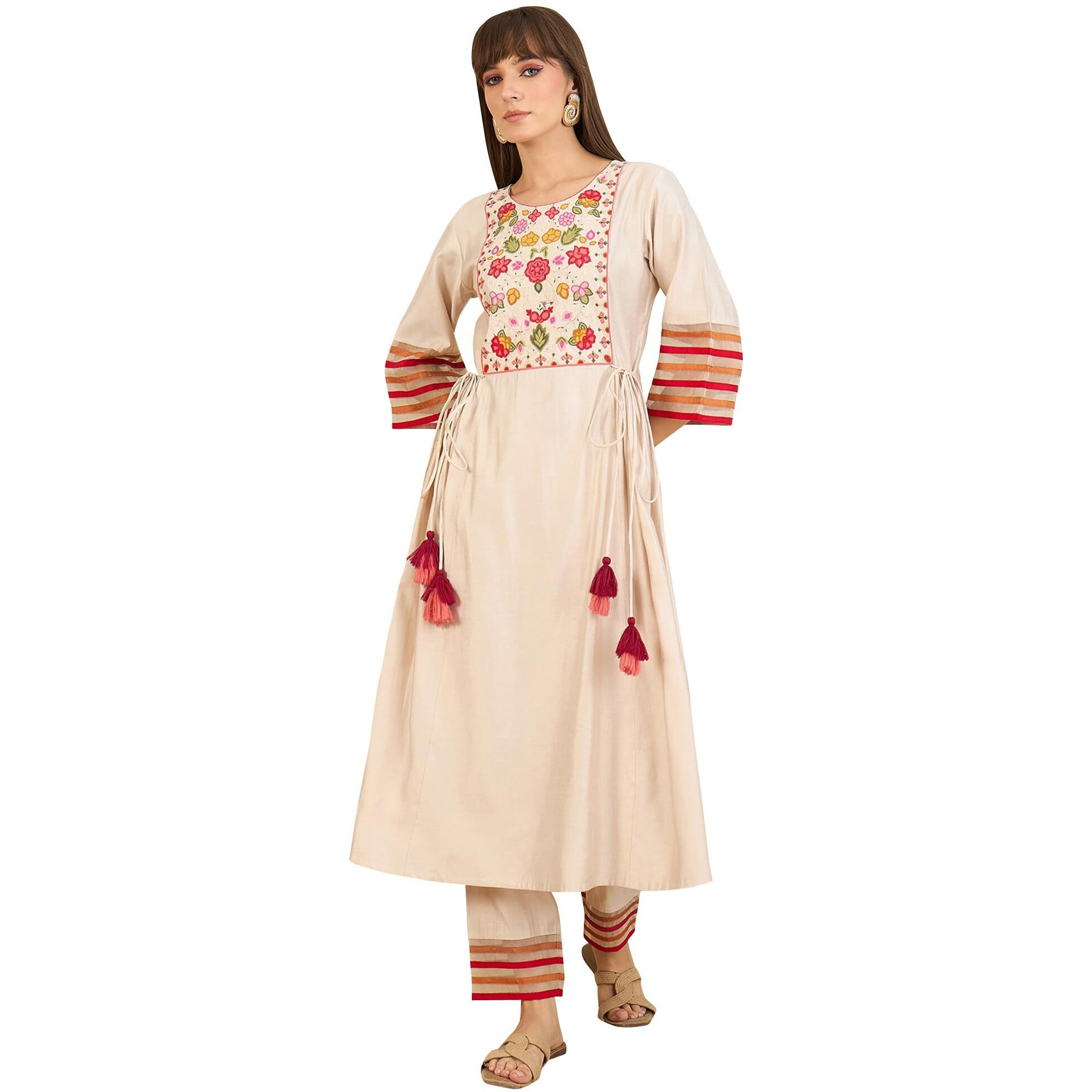 Indo Era Women's Off White Embroidered Viscose A-Line Kurta & Pant Set (Iestr9519_X-Small)