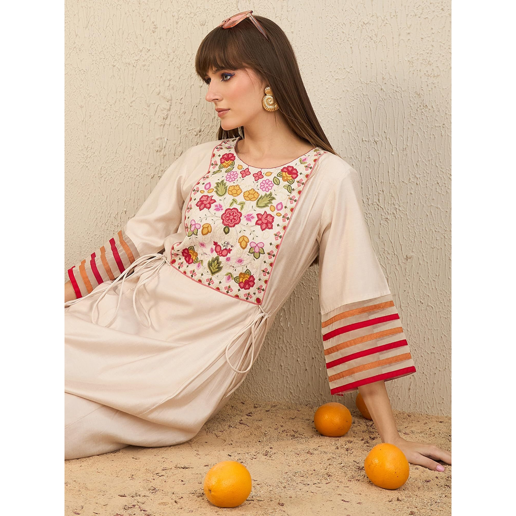 Indo Era Women's Off White Embroidered Viscose A-Line Kurta & Pant Set (Iestr9519_X-Small)