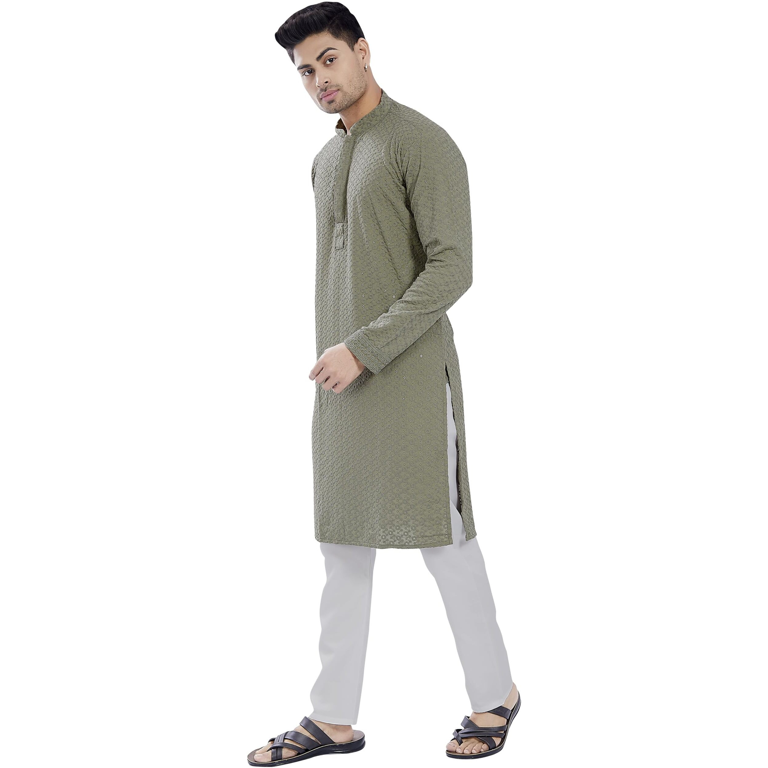 Divisive Men's Sequince Embroidered Cotton Blend Only Slim Fit Kurta (Dkrt675_S_Olive)