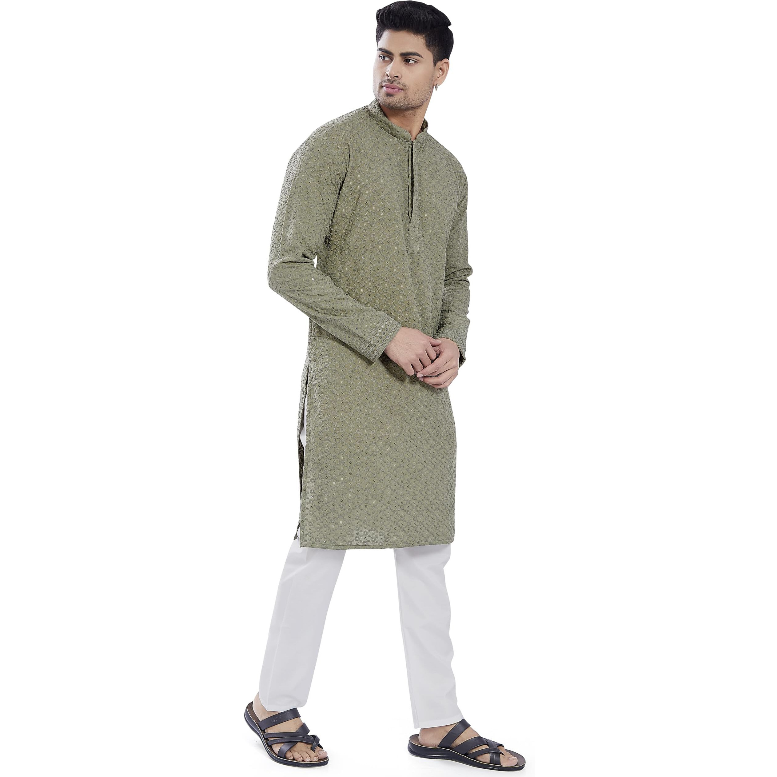 Divisive Men's Sequince Embroidered Cotton Blend Only Slim Fit Kurta (Dkrt675_S_Olive)