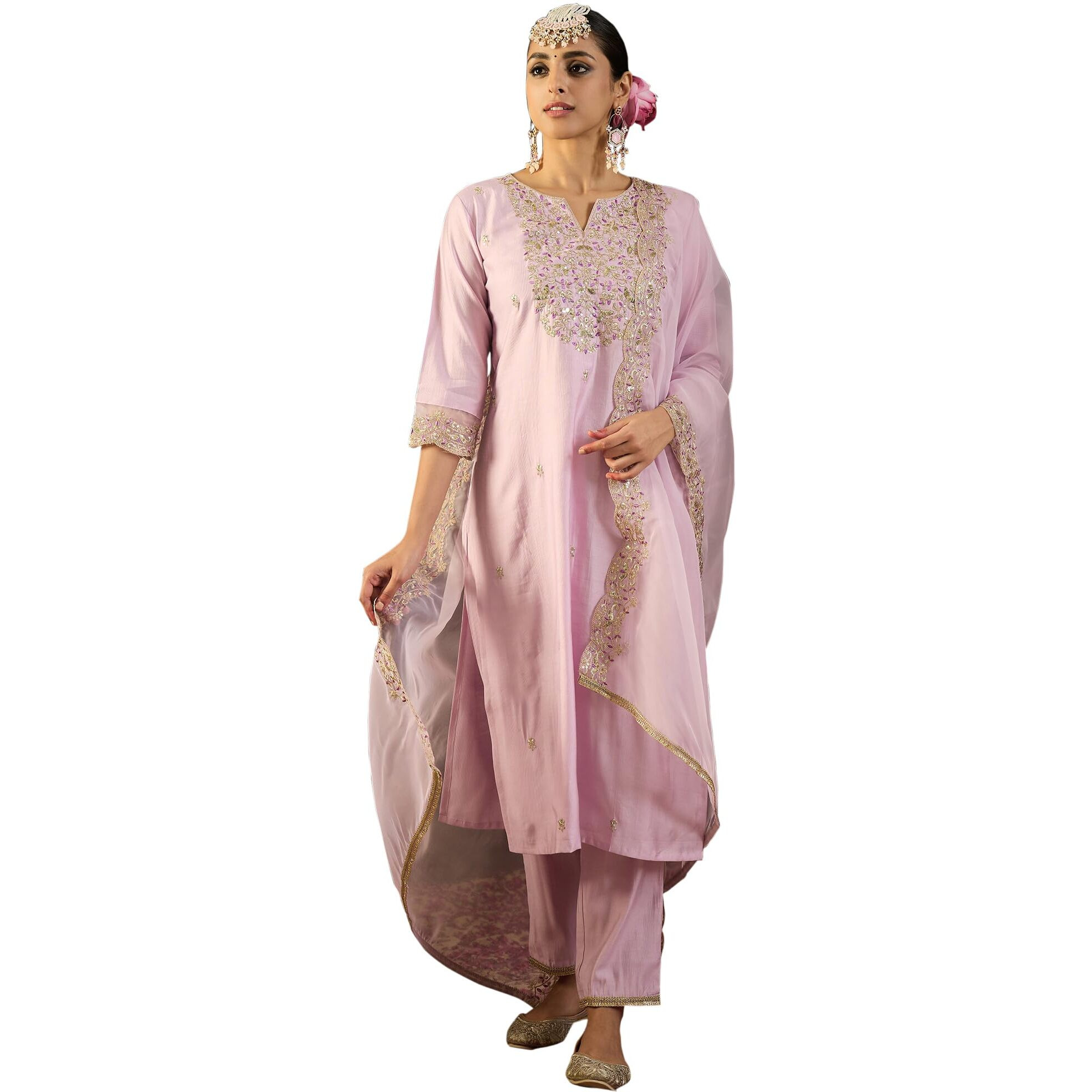 Indo Era Women's Lavender Viscose Embroidered Straight Kurta And Pant With Dupatta Set (Kh1Lv9583_Medium)